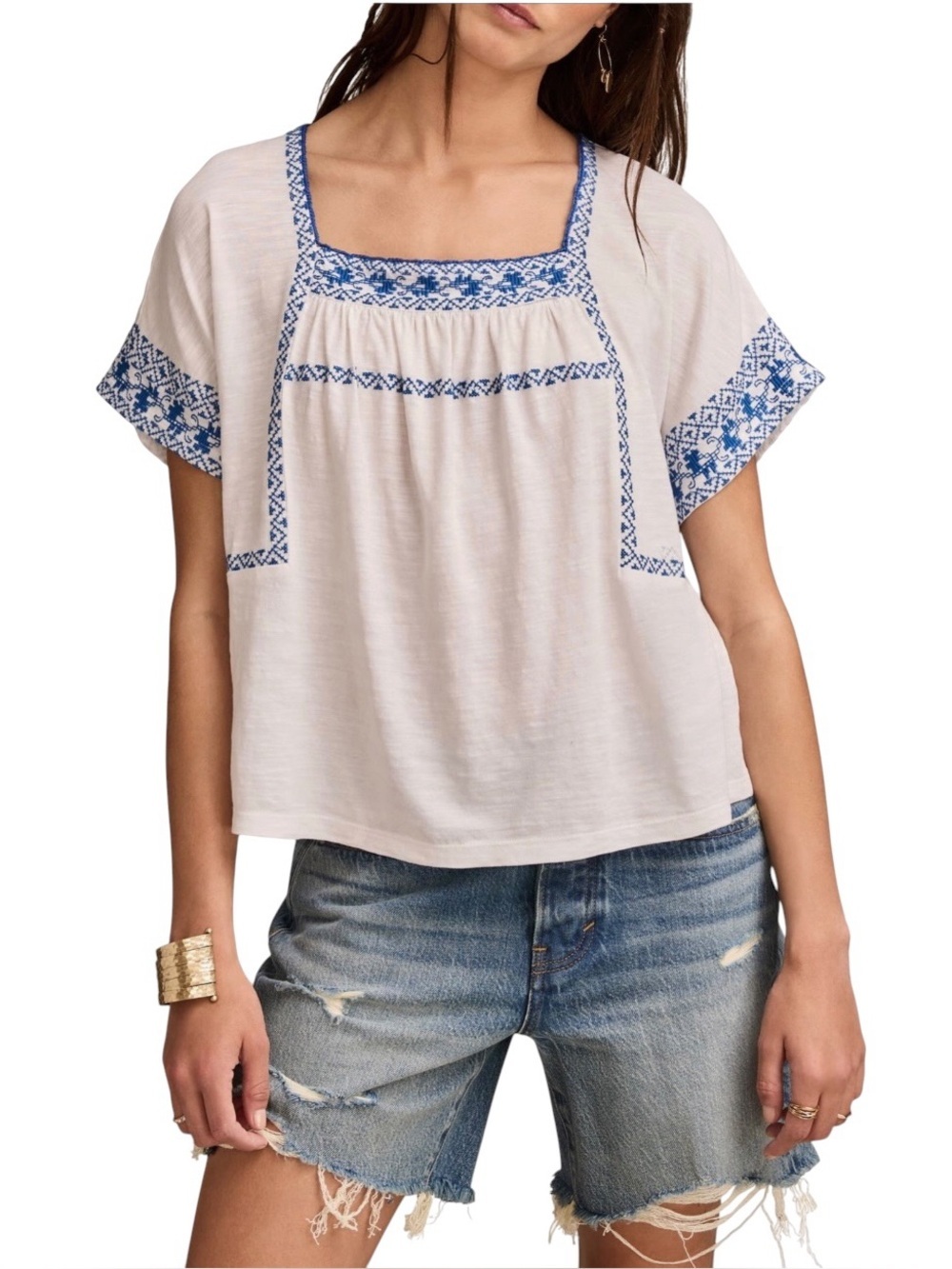 Lucky Brand Embroidered Short Sleeve 100% Cotton Peasant Blouse Top XXL White